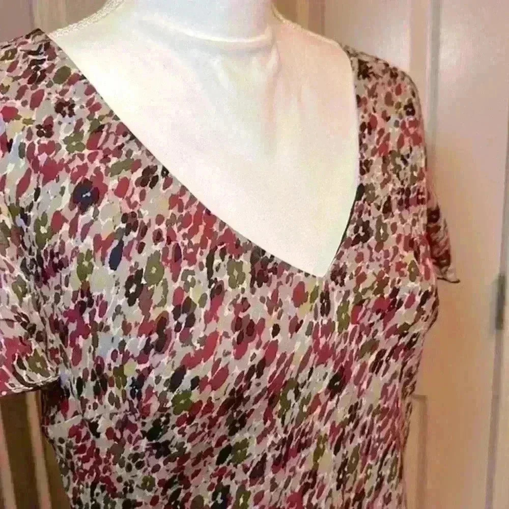 Shomi Vintage 100% Silk V-Neck Asymmetrical MultiColored Dress Women’s Size 10 - Picture 3 of 12